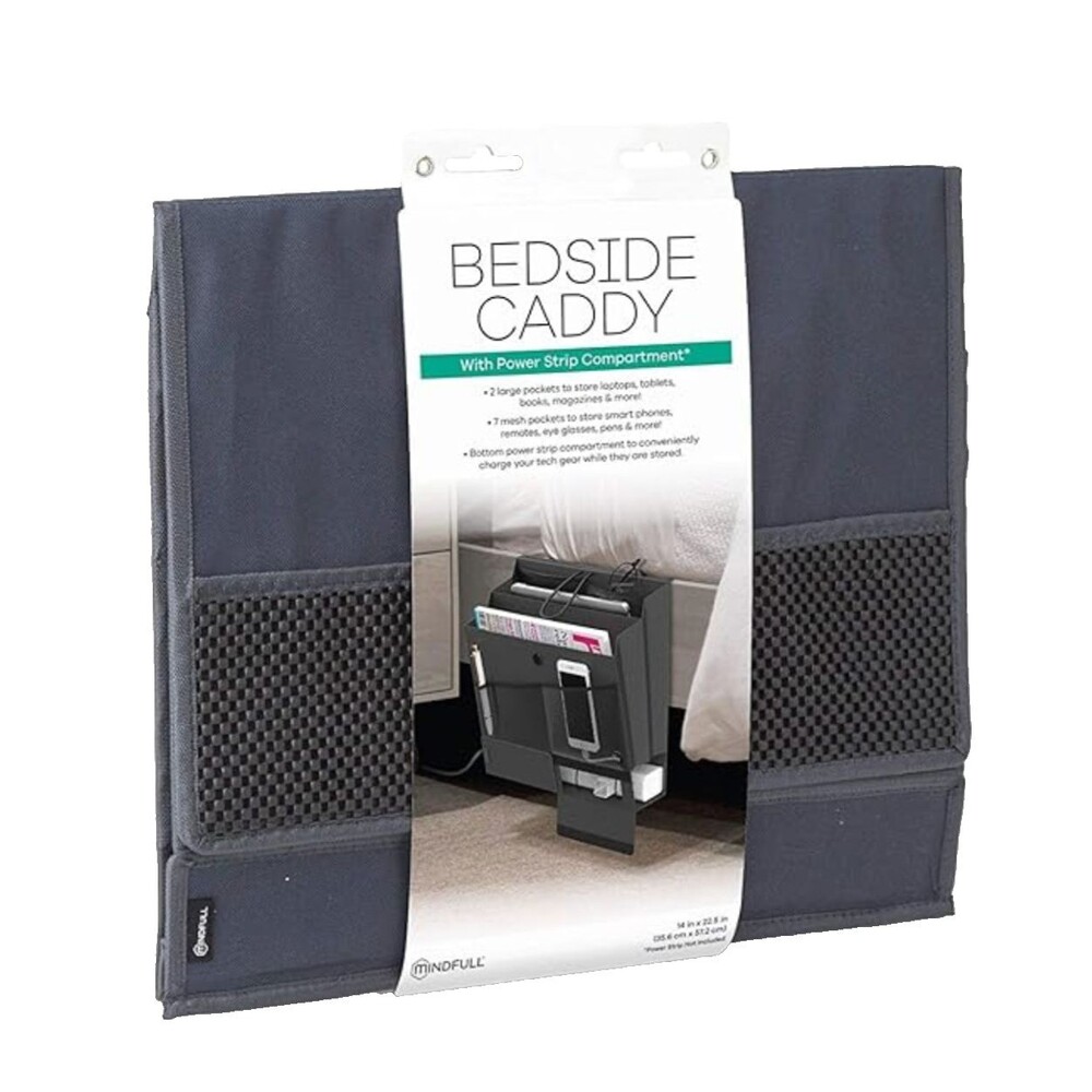 Grey Bedside Caddy Organizer Mattress Flap Hanging Power Strip Charging Pouch